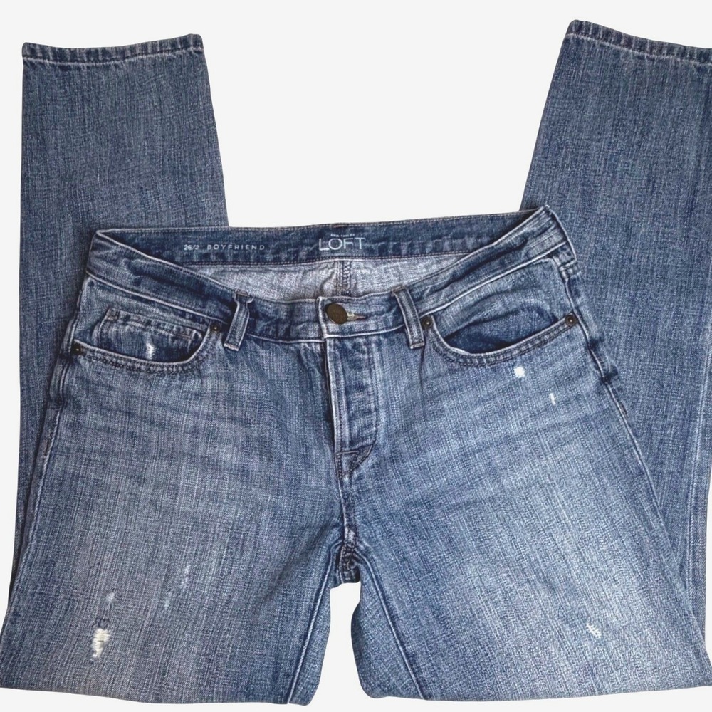 LOFT Boyfriend Jeans Womens 26/2 Blue Distressed 100% Cotton Button Fly